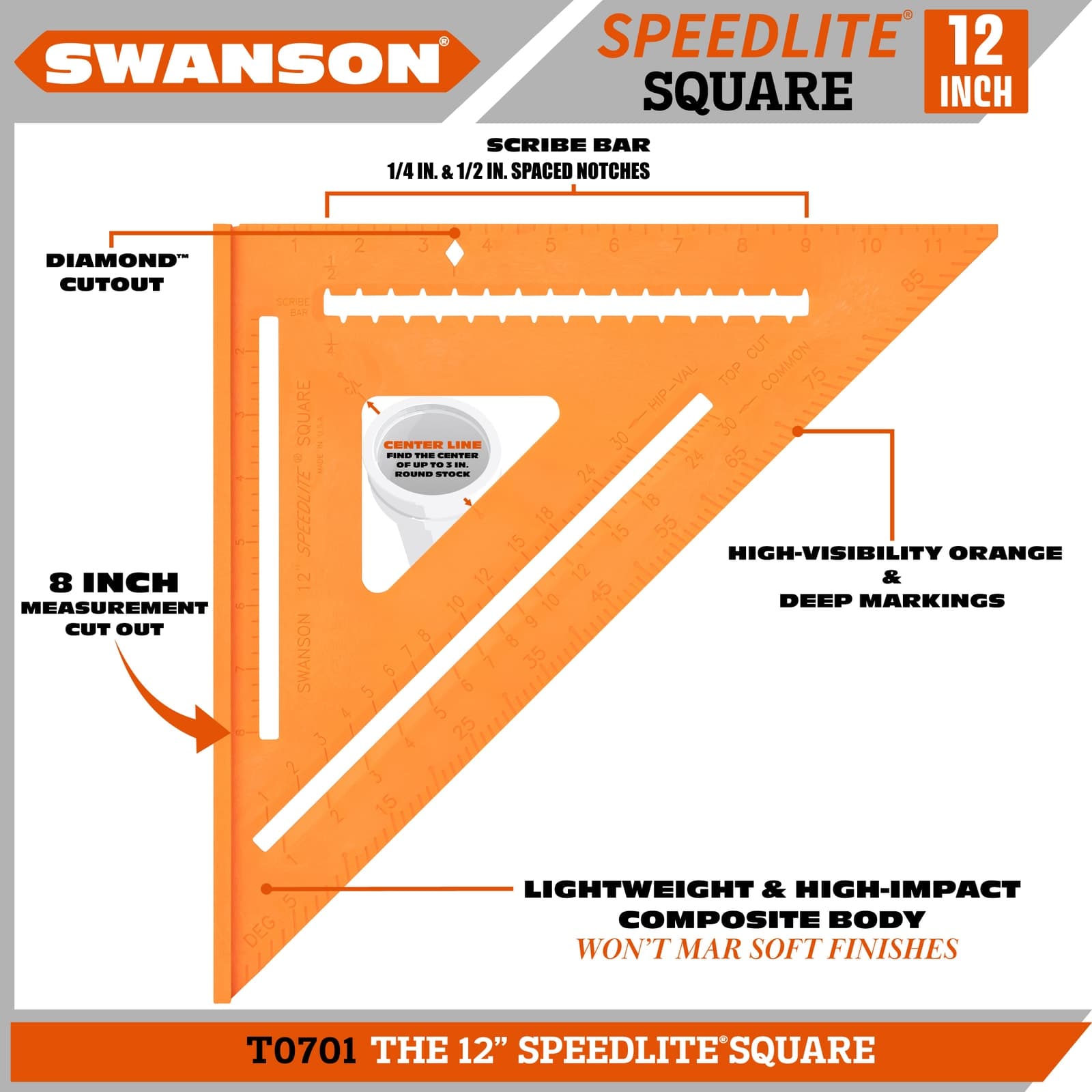Lowe’s feature infographic for the Swanson Big 12® Speedlite® Square showing the high-impact composite construction and scribe-bar notches.