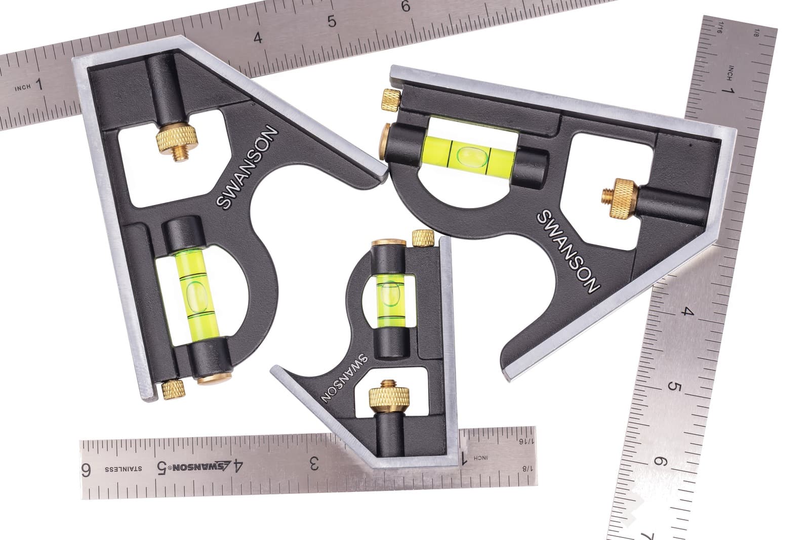 Close-up of the Swanson TC130 head showing the impact-resistant acrylic level vial and brass scriber.