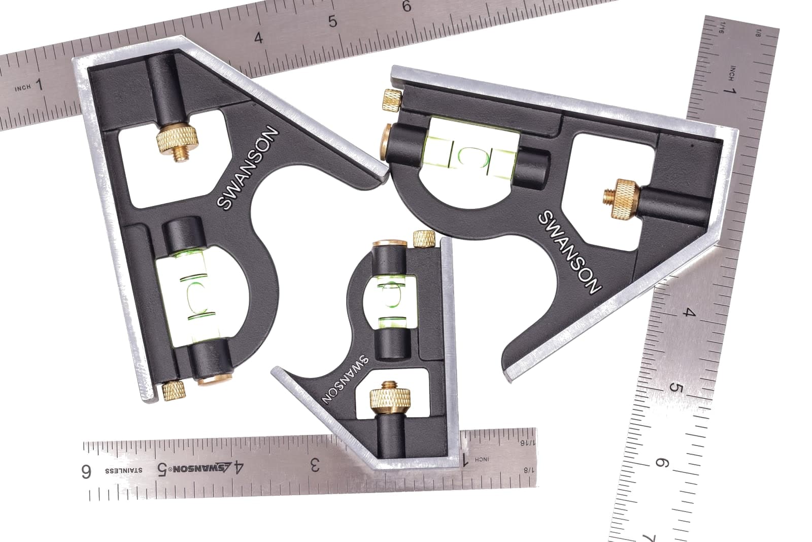 Close-up of the Swanson TC130 head showing the impact-resistant acrylic level vial and brass scriber.