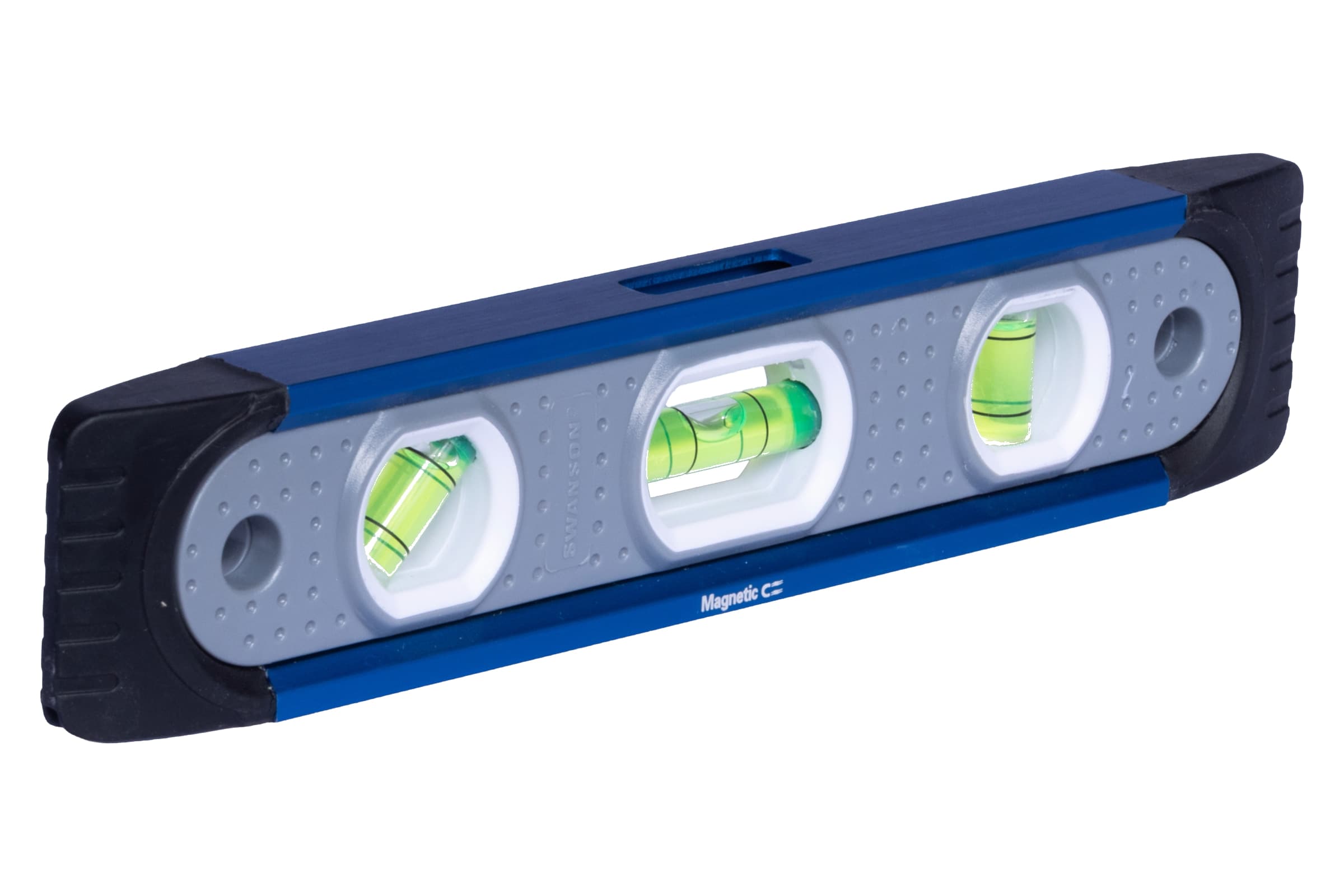 3/4 angle view of the TL009M showing the end-cap over-mold, blue frame rails, and three vials.
