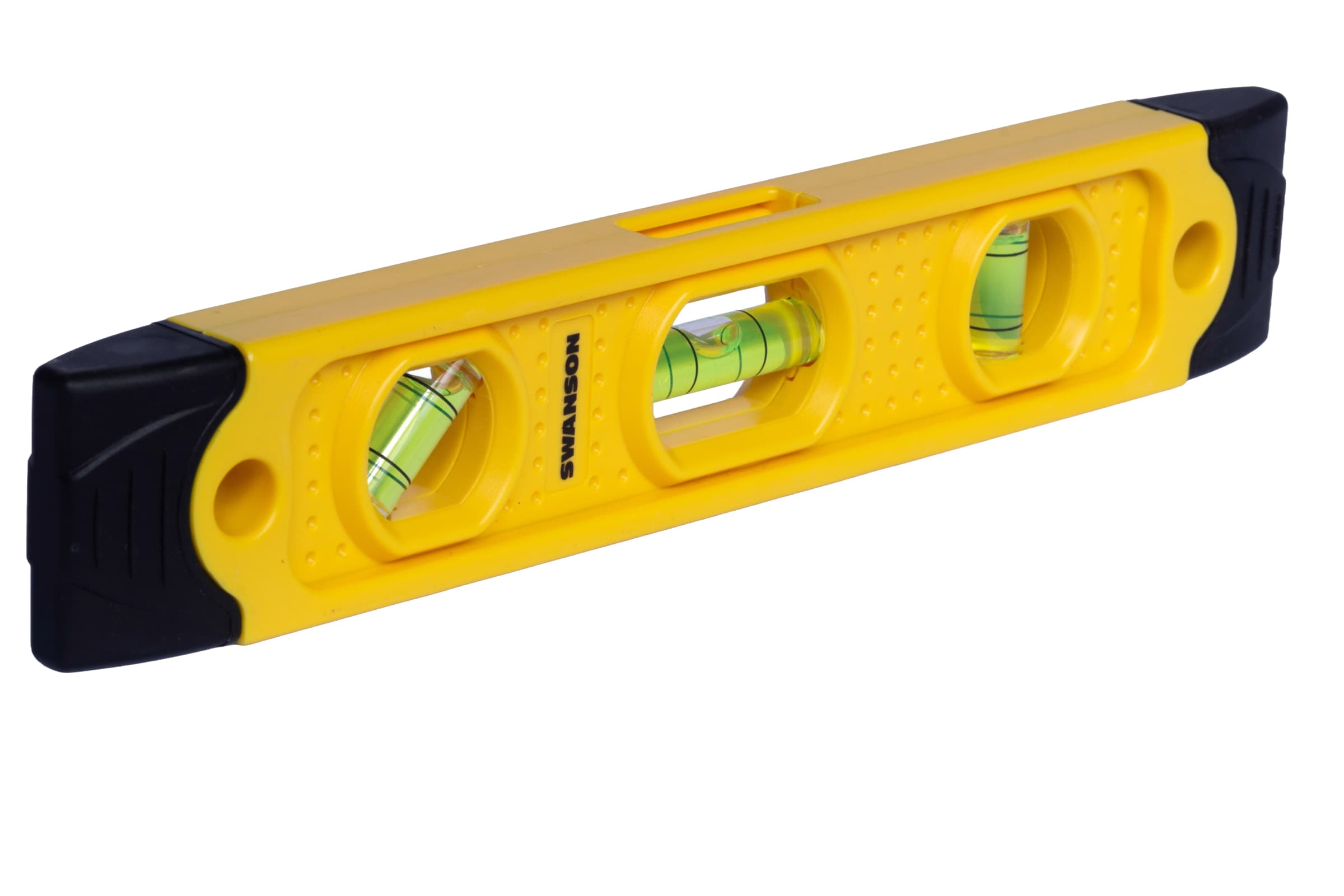 Alt-angle of the TL021M Speedlite® torpedo level showing the rubber end caps + vial cluster from a 3/4 view.