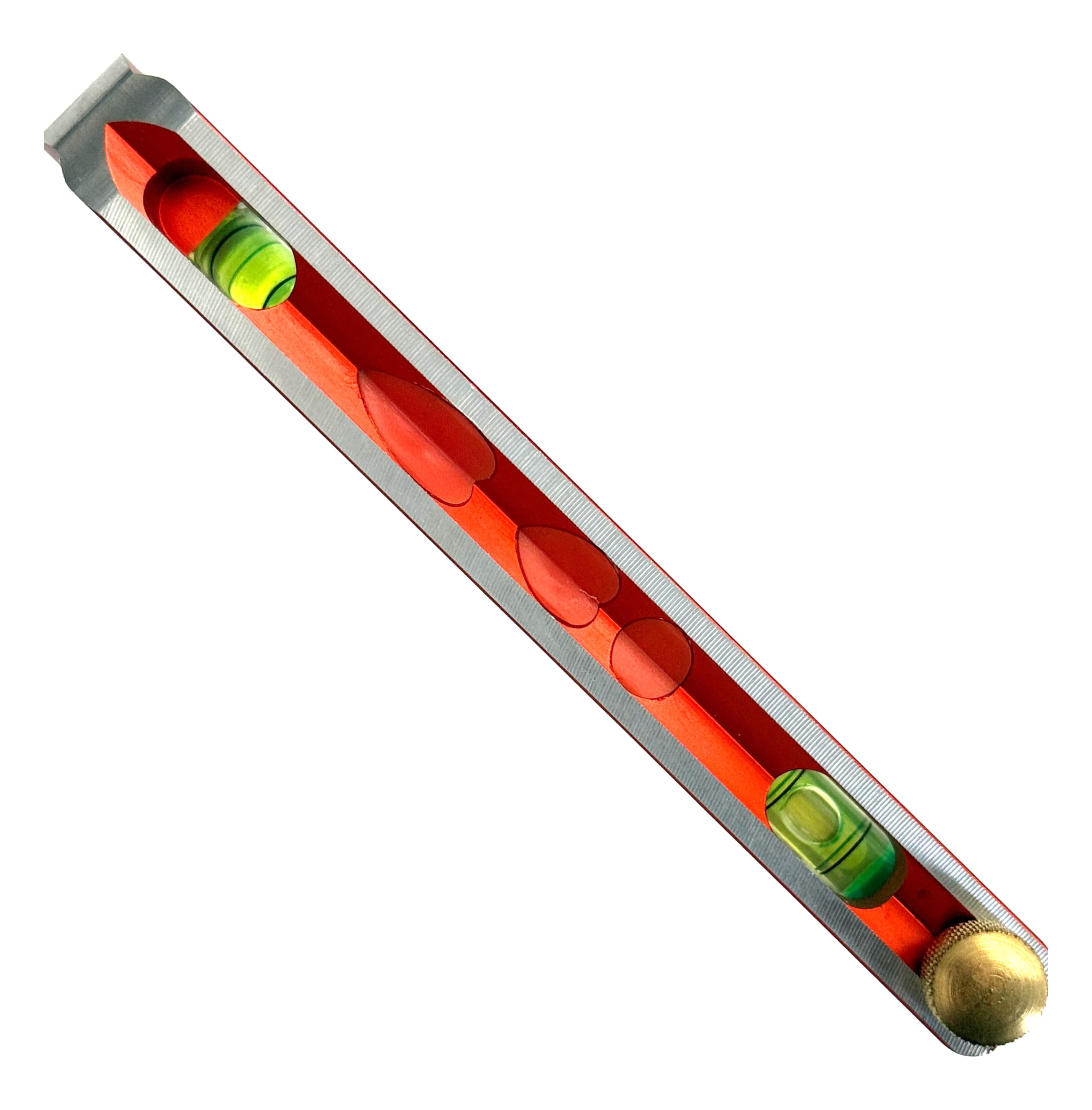 Top-down view of the TL041M Lil' Savage® Torpedo Level showing the top-read windows for 0° and 30° vials, brass clamp on the right.