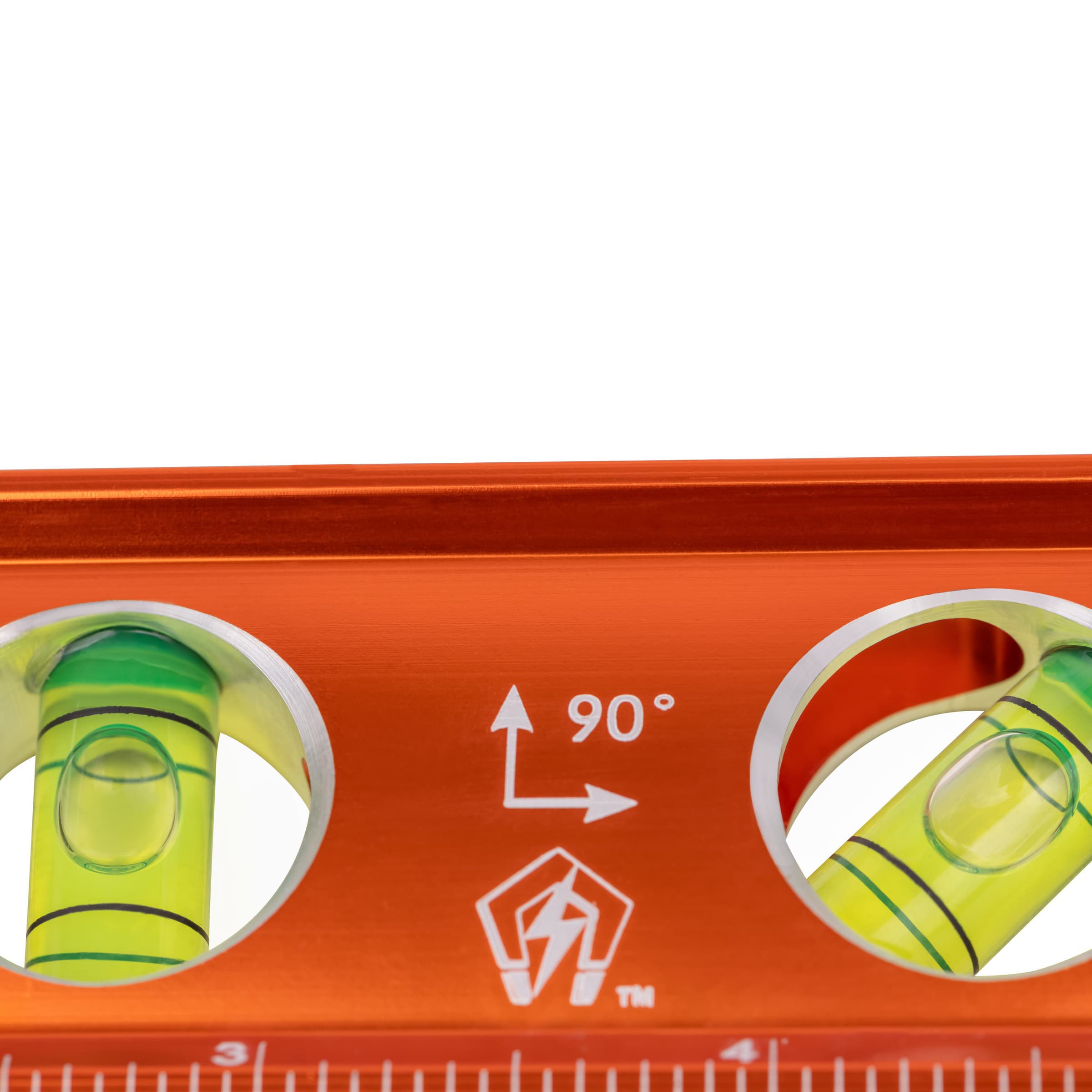 Wall-to-wall close-up of the TL043M body showing two Brightview® vial surrounds + the 90° plumb mark and magnet icon.