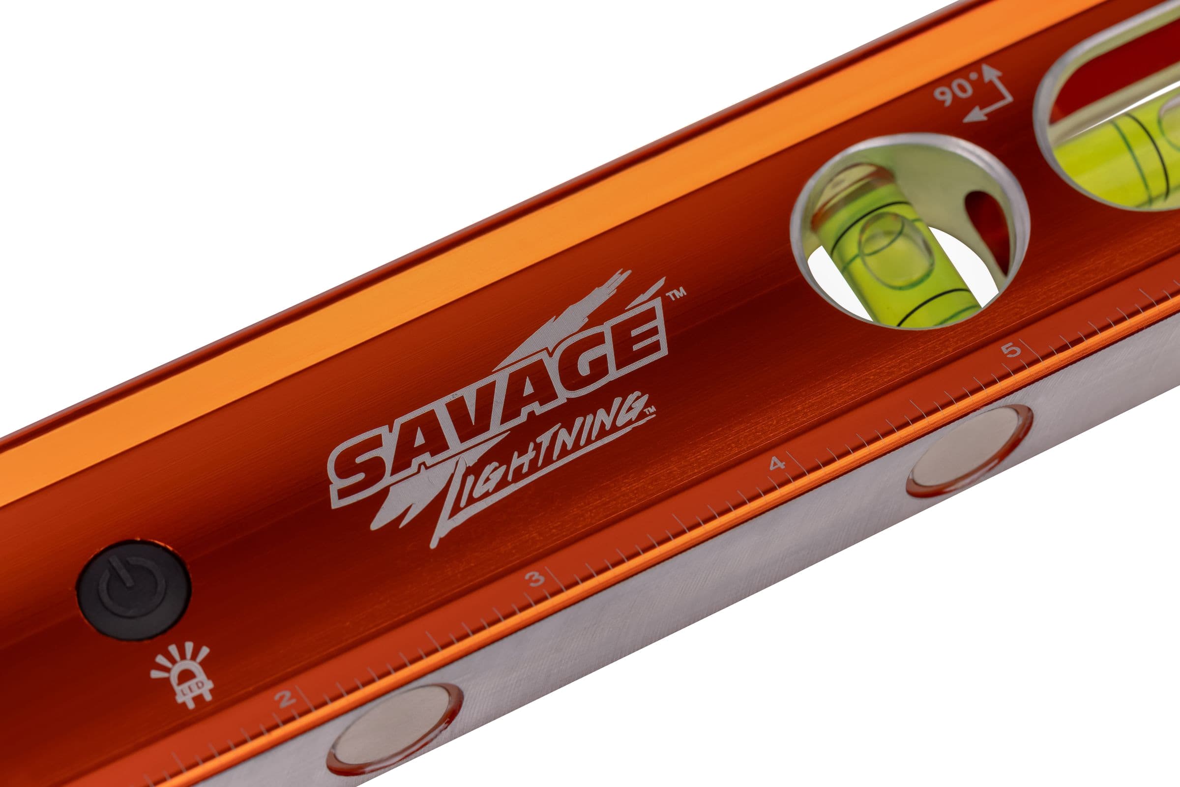 Close-up of the SAVAGE Lightning™ logo + LED power button on the TLL049M body.