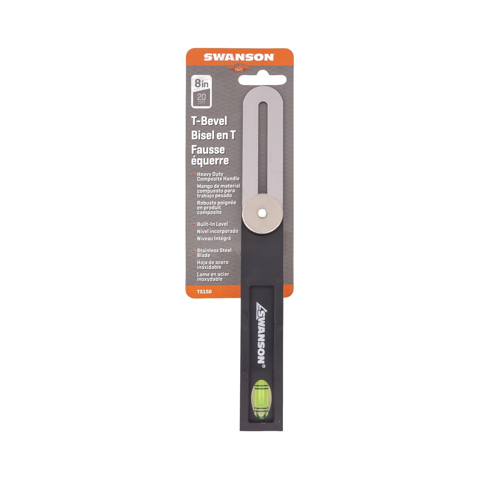 TS150 in its retail packaging card showing the Heavy Duty Composite Handle, Built-In Level, and Stainless Steel Blade callouts.