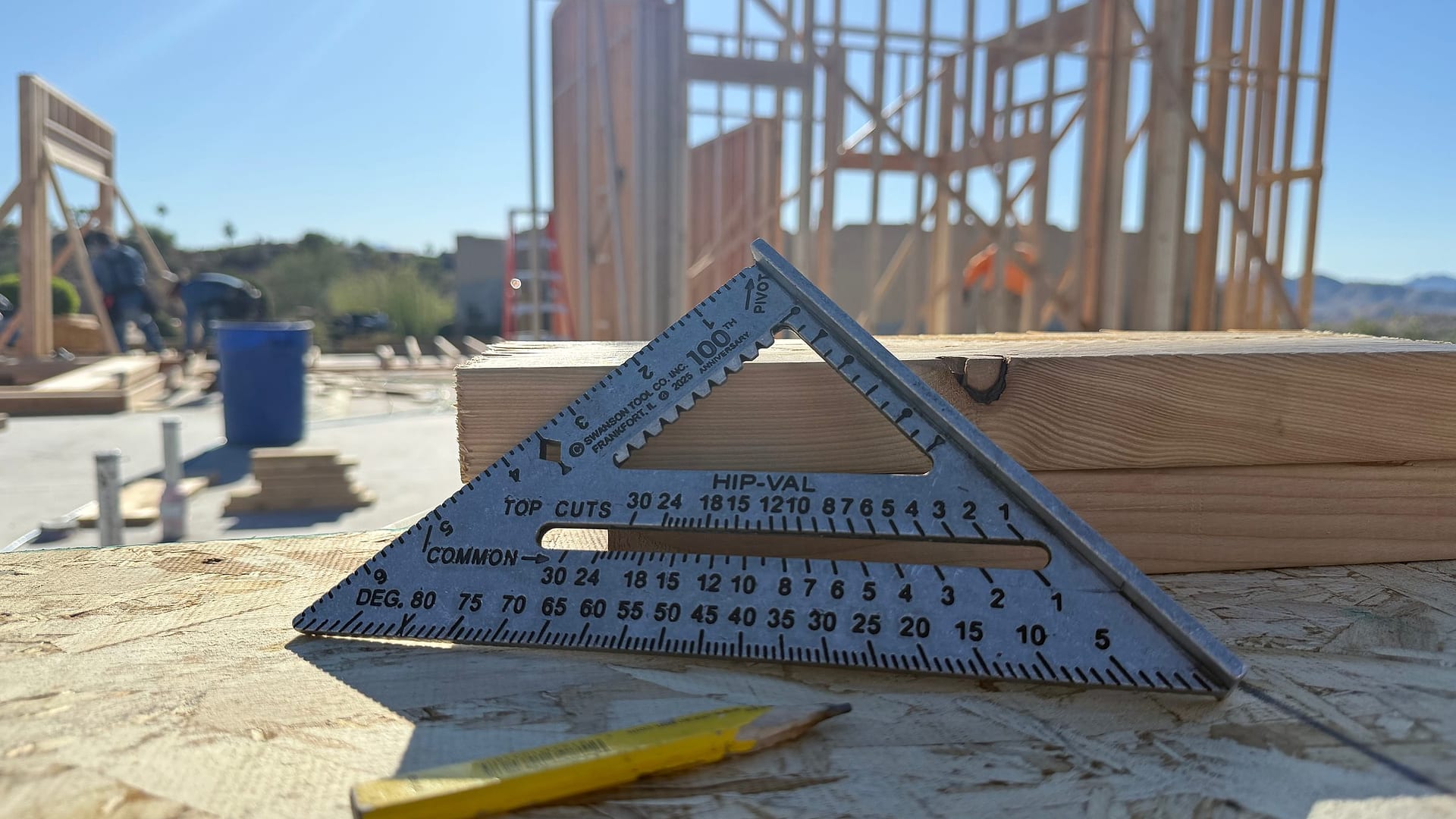 A Swanson 7-inch Speed® Square set up for layout on framing lumber.