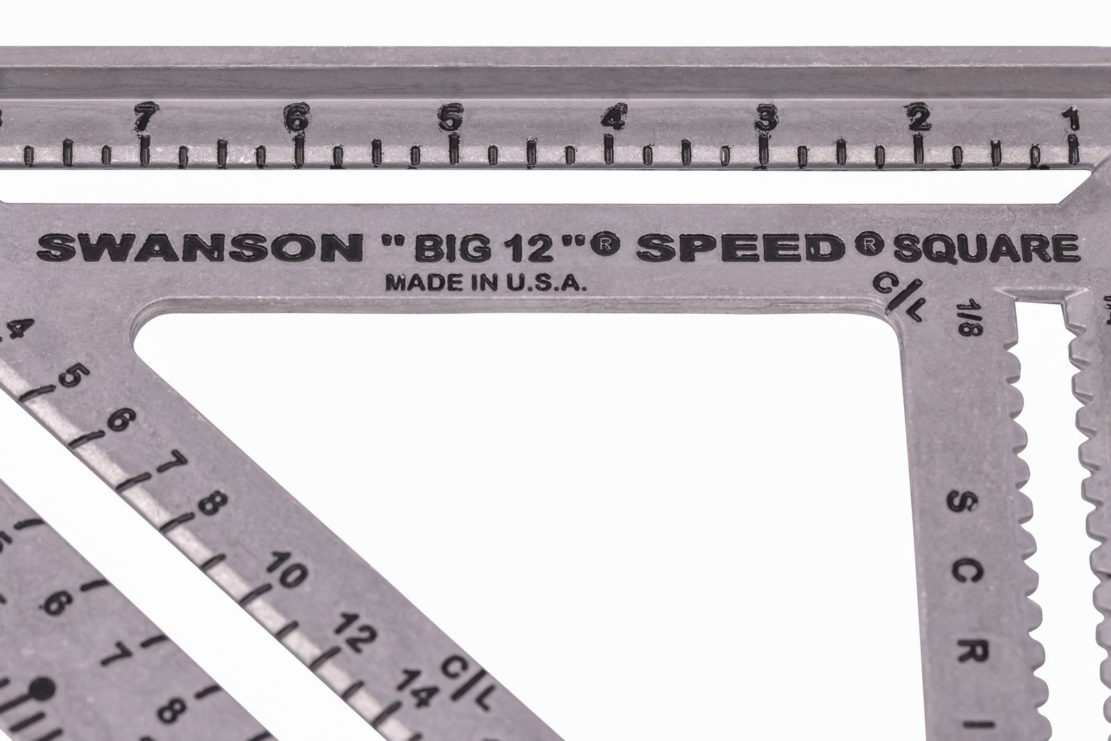 Line drawing of the Big 12® square positioned on a stringer, showing the square's triangular body resting on the stringer edge. Arrows and labels indicate the Depth of Run along the horizontal top edge, Rise Height along the vertical left side, the Layout Bar along the hypotenuse, the 1/4" Stop Bolt at the bottom corner resting on the stringer, and a 1/4" Stop Bolt in Layout Bar Under Square along the diagonal.